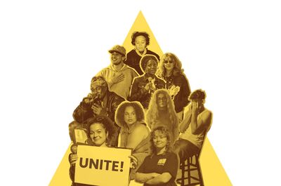Cutouts of young people against a yellow background, one of them is holding a sign which says unite, a few are performing with a mic