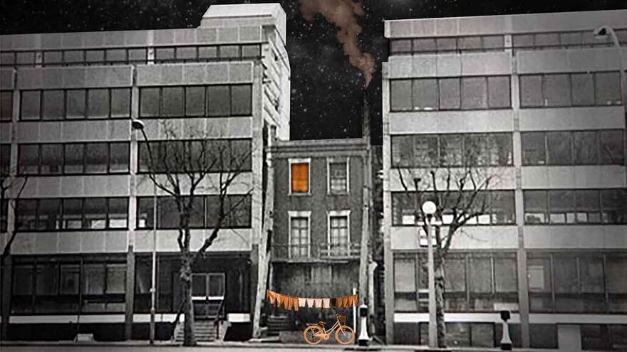 The Phoenix Gallery by nightfall, Harriet Silvester's house sandwiched between new buildings
