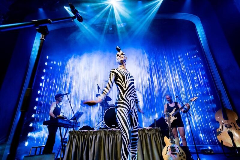 Brook Tate dressed as a zebra on stage in front of a band