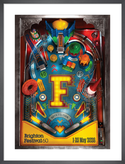 Brighton Festival 2026 brochure cover in dark grey frame with white mount