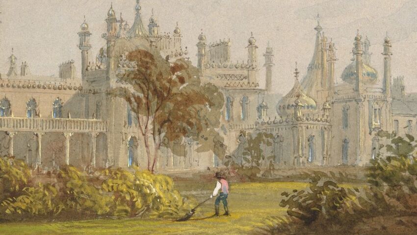 A watercolour painting showing the Royal Pavilion and gardens. A small figure of a gardener can be seen in the foreground