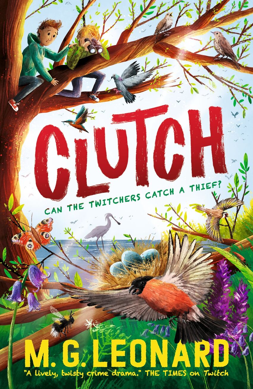 Book cover for 'Clutch'. Two children watch birds from a tree with the subtitle 'can the twitchers catch a thief?'