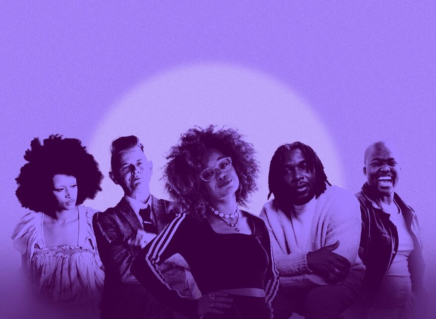 Cutouts of the STATUS FLO line-up against a purple background