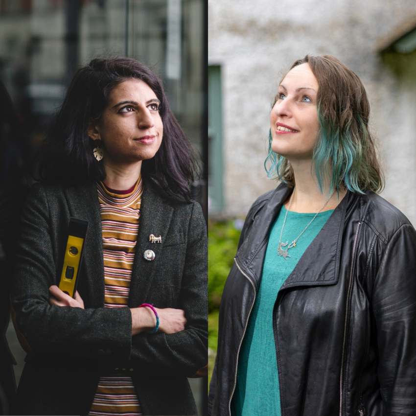 Noreed Masud stands in front of a glass building holding a spirit level. Polly Atkin stands in front of a brick wall looking at the sky