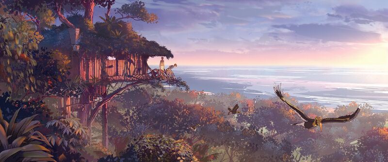 A person stands on a balcony of a treehouse, high in the sky, birds are flying by and the sun appears to be setting