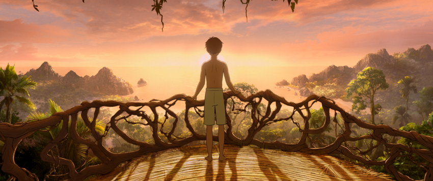 A boy stands on a balcony looking out at a view of the ocean and some mountains