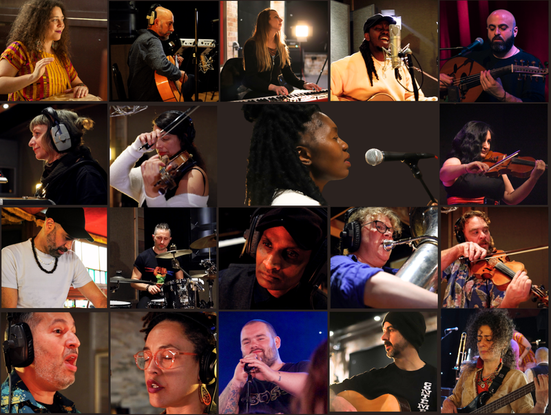 19 smaller images of One World Orchestra musicians put together to create one large image. Each individual is singing or playing their instrument
