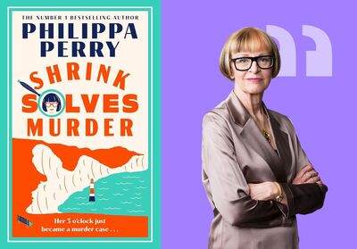 Philippa Perry stands smiling with her arms crossed next to the book cover for Shrink Solves Murder