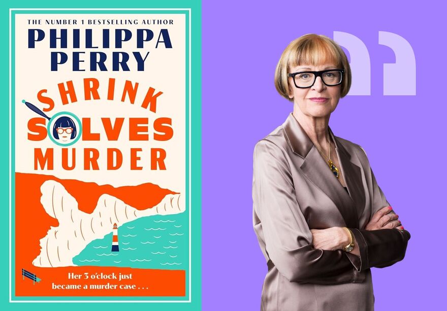 Philippa Perry stands smiling with her arms crossed next to the book cover for Shrink Solves Murder