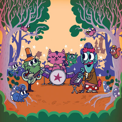 A colourful illustration of a cartoon band playing in the woods
