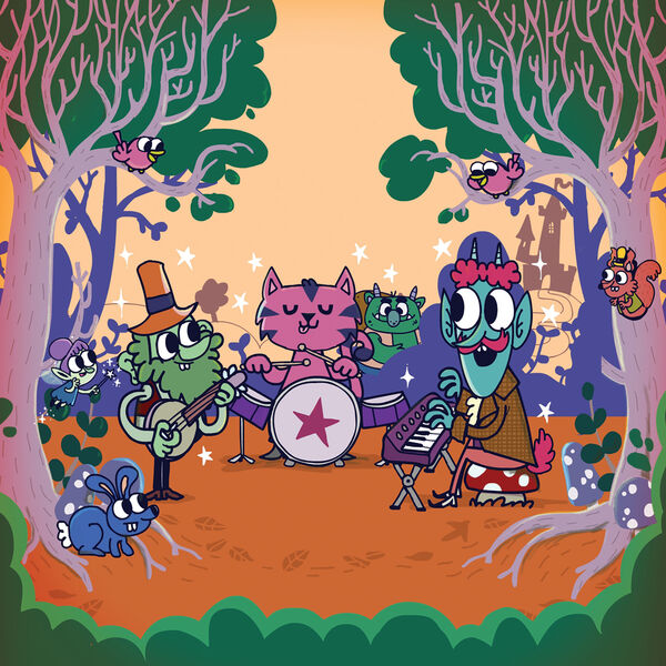 A colourful illustration of a cartoon band playing in the woods