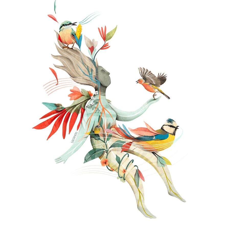 Illustration of a person wrapped in flowers holding birds with their hair flying out in the wind