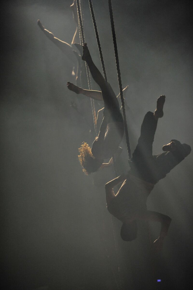 People hanging upside down on circus ropes
