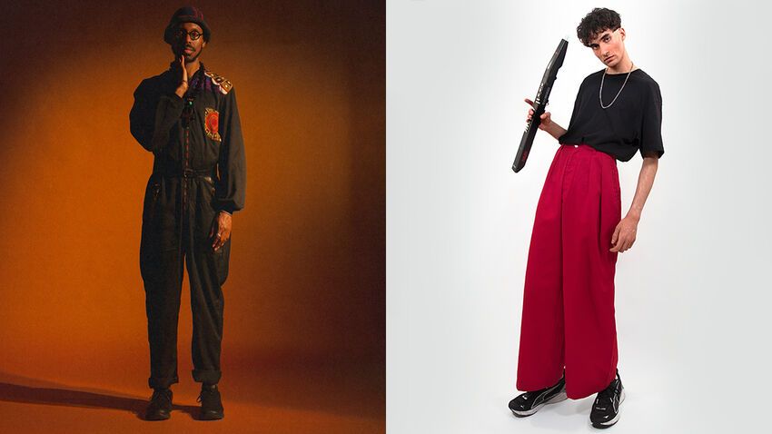 Shabaka Hutchings stands in front of an orange-brown background, Otto Hashmi wears red trousers holding a recorder