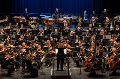 An orchestra plays. The players are dressed in black, with a conductor at the front. 