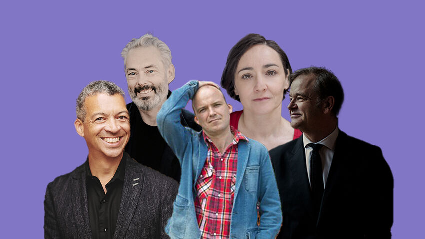 Composition image of (left to right) Roderick Williams, Mark Padmore, Rory Kinnear, Pandora Colin and Julius Drake 