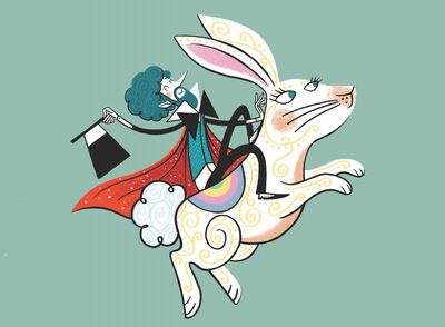 An illustration of a magician riding a white rabbit. The Magician has green hair and a red cape. The rabbit has a rainbow saddle
