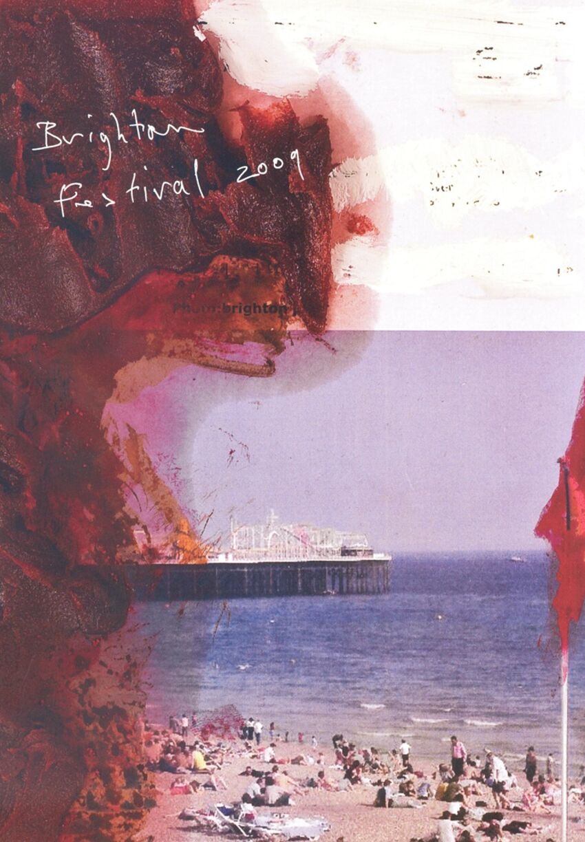 Brighton Festival 2009 brochure cover featuring brighton beach and the palace pier with a red/rusty pattern coming in on the left hand side