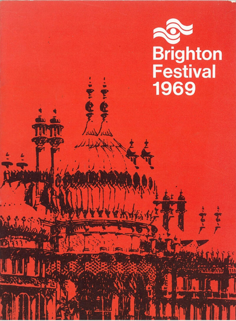 Drawing of Brighton Pavillion with a red background 