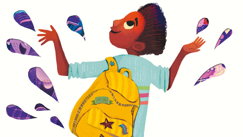 Book cover illustration for Me, My Dad and the End of the Rainbow, a young black boy looks up happily as water splashed around him