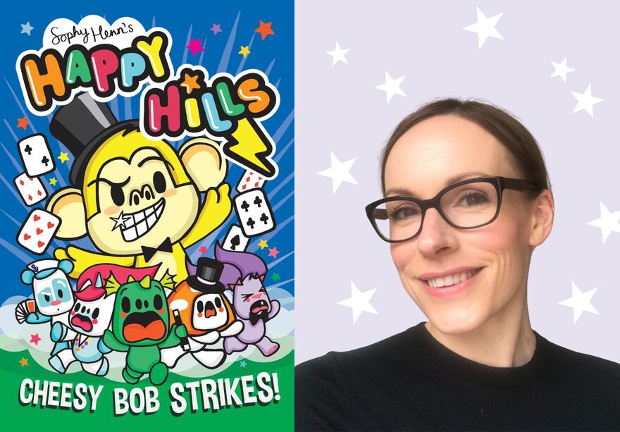 Illustrated children’s book cover for Happy Hillsnext to a smiling author portrait of a woman with glasses and her hair in a bun against a purple background with white stars.