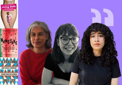 Collage of Natasha Walter, N.S. Nuseibeh, Shahed Ezaydi next to all three of their book covers