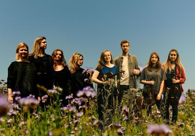 Four musicians holding violins standing in a field with purple flowers. 