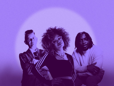 Cutouts of Joelle Taylor, AFLO. the poet, and Yomi Sode stand against a purple background