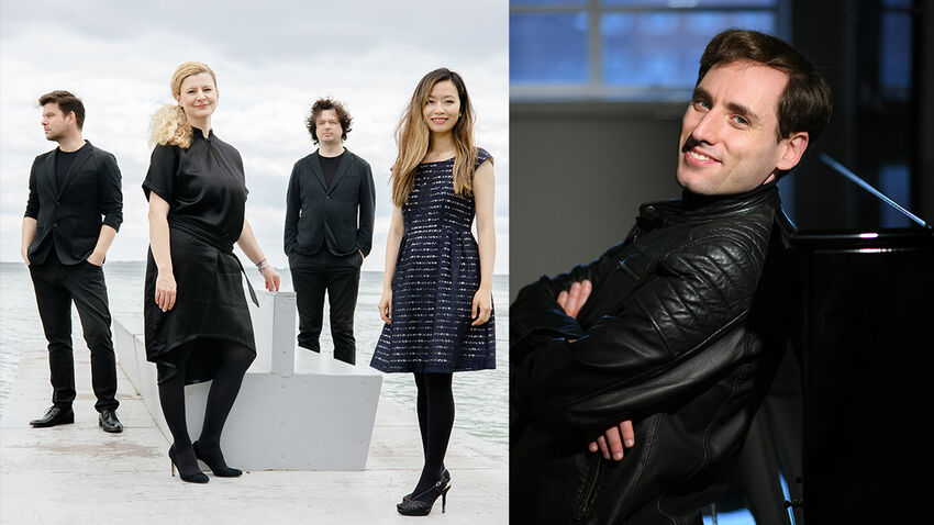 Left: photo of Pavel Haas Quartet. Right: photo of Boris Giltburg