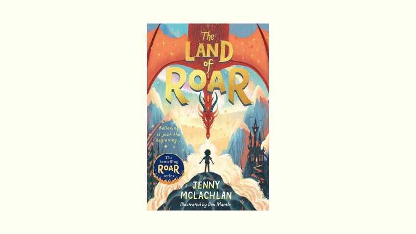 A book cover which shows an orange dragon looking down on a silhouetted figure of a child 