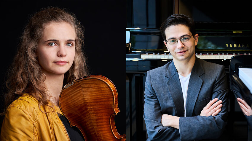 Left: Photo of Charlotte Saluste-Bridoux holding a violin. Right: Ariel Lanyi sitting next to a piano