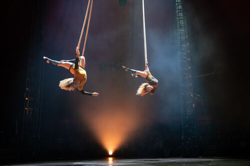 Two people are suspended using ropes, they are back lit by an orange light