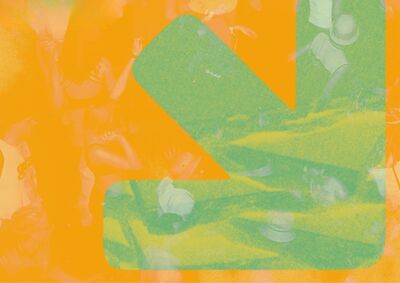 A green arrow against an orange background