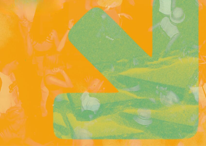 A green arrow against an orange background