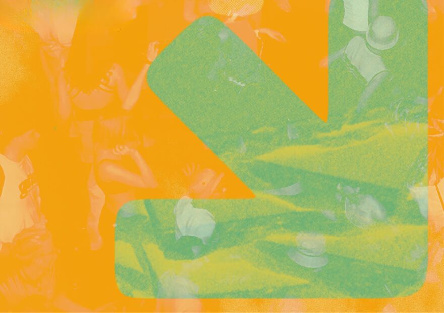 A green arrow against an orange background