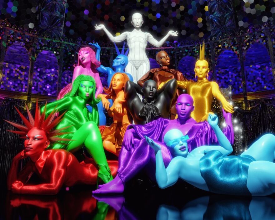 Stylised computer generated artwork of multiple people dressed in neon glowing suits of multiple colours posing together on a black stage with Brighton Dome's building in the background