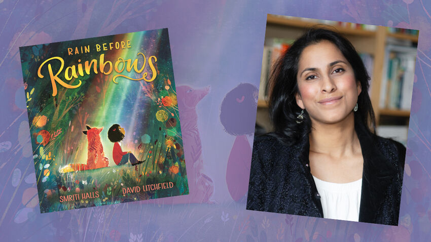 A headshot photo of the author Smriti Halls, with the cover of her book Rain Before Rainbows