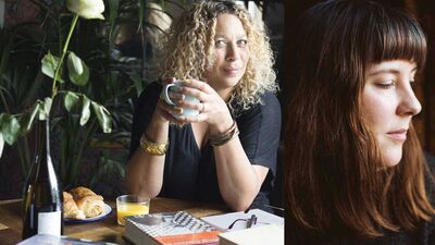 Portraits of authors Salena Godden (sitting next to white rose holding a mug) & Evie Wyld close up with eyes closed