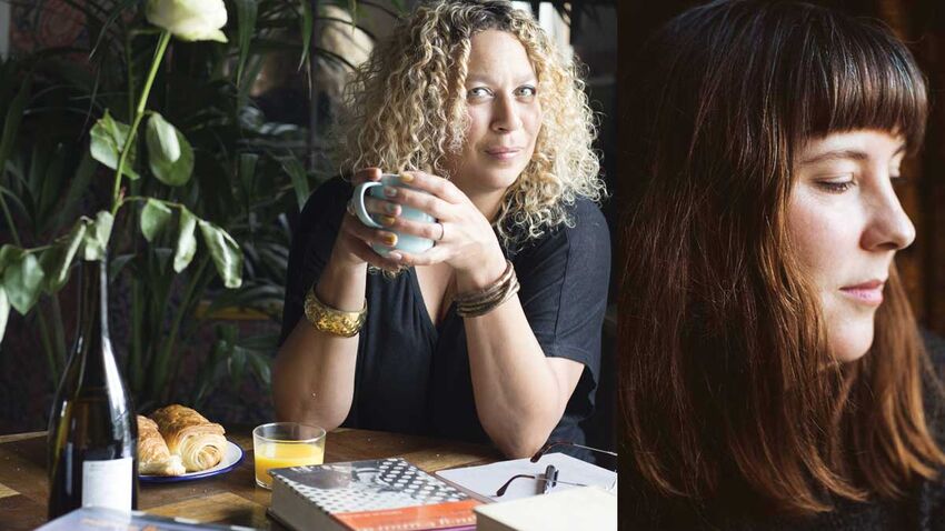 Portraits of authors Salena Godden (sitting next to white rose holding a mug) & Evie Wyld close up with eyes closed