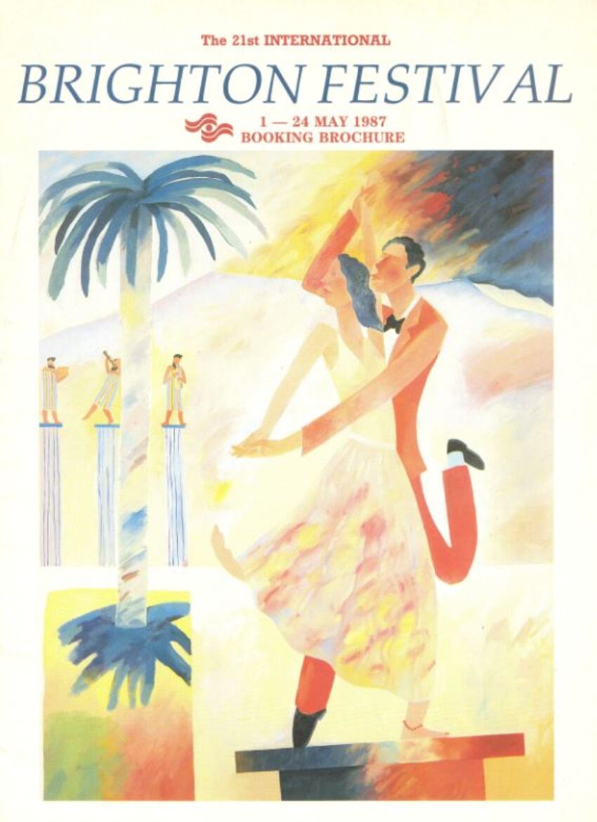 Brighton Festival 1987 brochure cover featuring a painting of two people dancing with a palm tree in the background