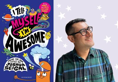 Colorful book cover for I Tell Myself I’m Awesome by Joshua Seigal beside a smiling author portrait of a man wearing glasses and a plaid shirt against a purple background with white stars