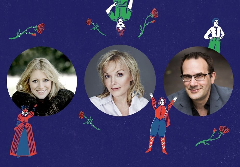 Portraits of three performers displayed side by side in circular frames, set against a blue background with illustrated characters and floral details