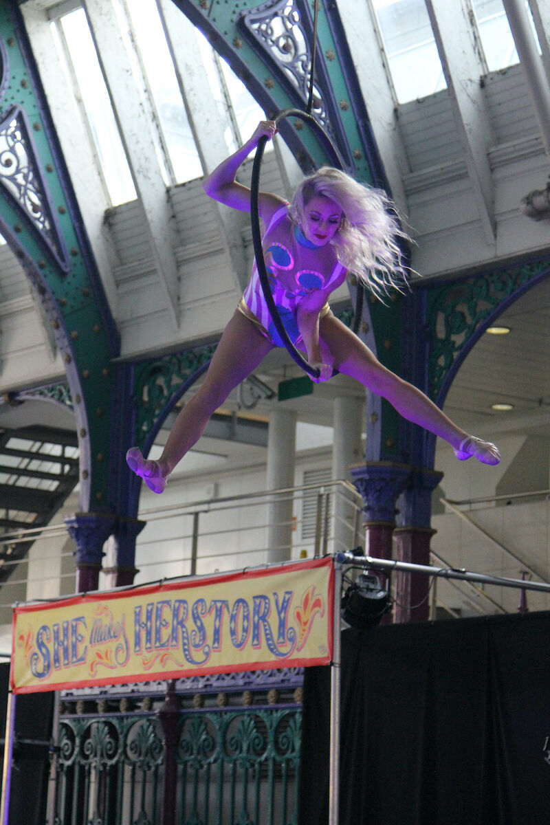 A person performing on a arial hoop