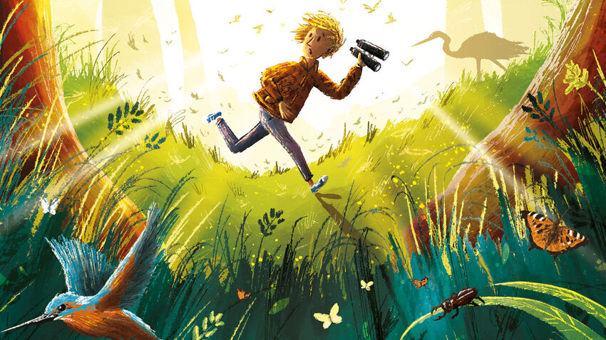 Book cover illustration of Twitch, a boy with binoculars runs through a forest full of wildlife