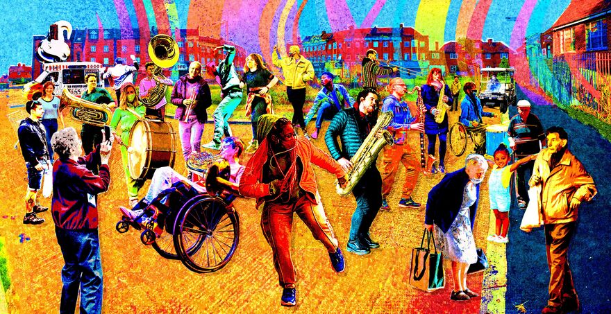 A very colourful image of people dancing, playing instruments and going about their day