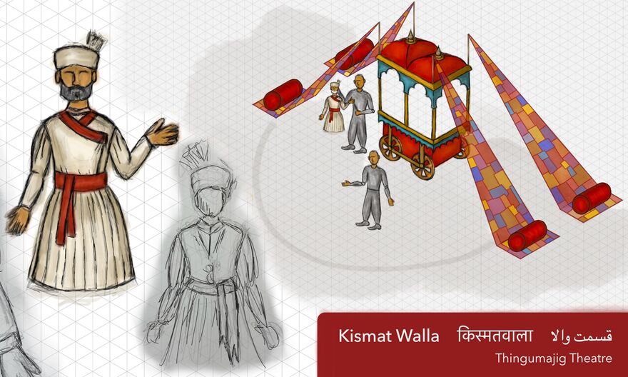 An illustration of an Indian cart and a man in traditional Indian dress