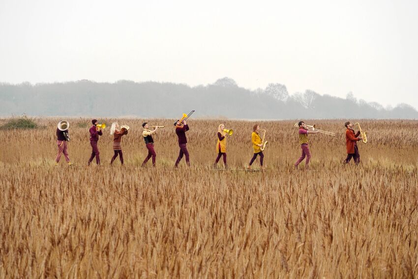 A group of musicians march through a golden field. They are all dressed in yellows and burgundies