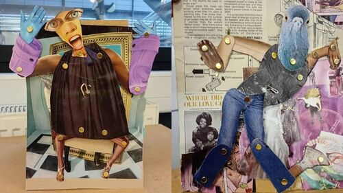 Two puppets created of newspaper and magazine clippings