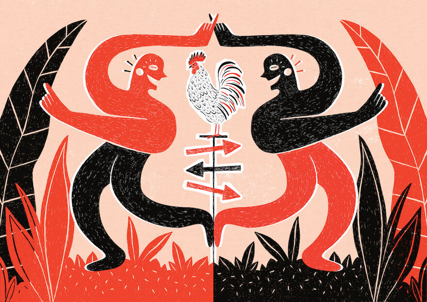 An illustration shows two people wanting to go in different directions. Between them is a rooster atop a sign post with arrows pointing in every direction