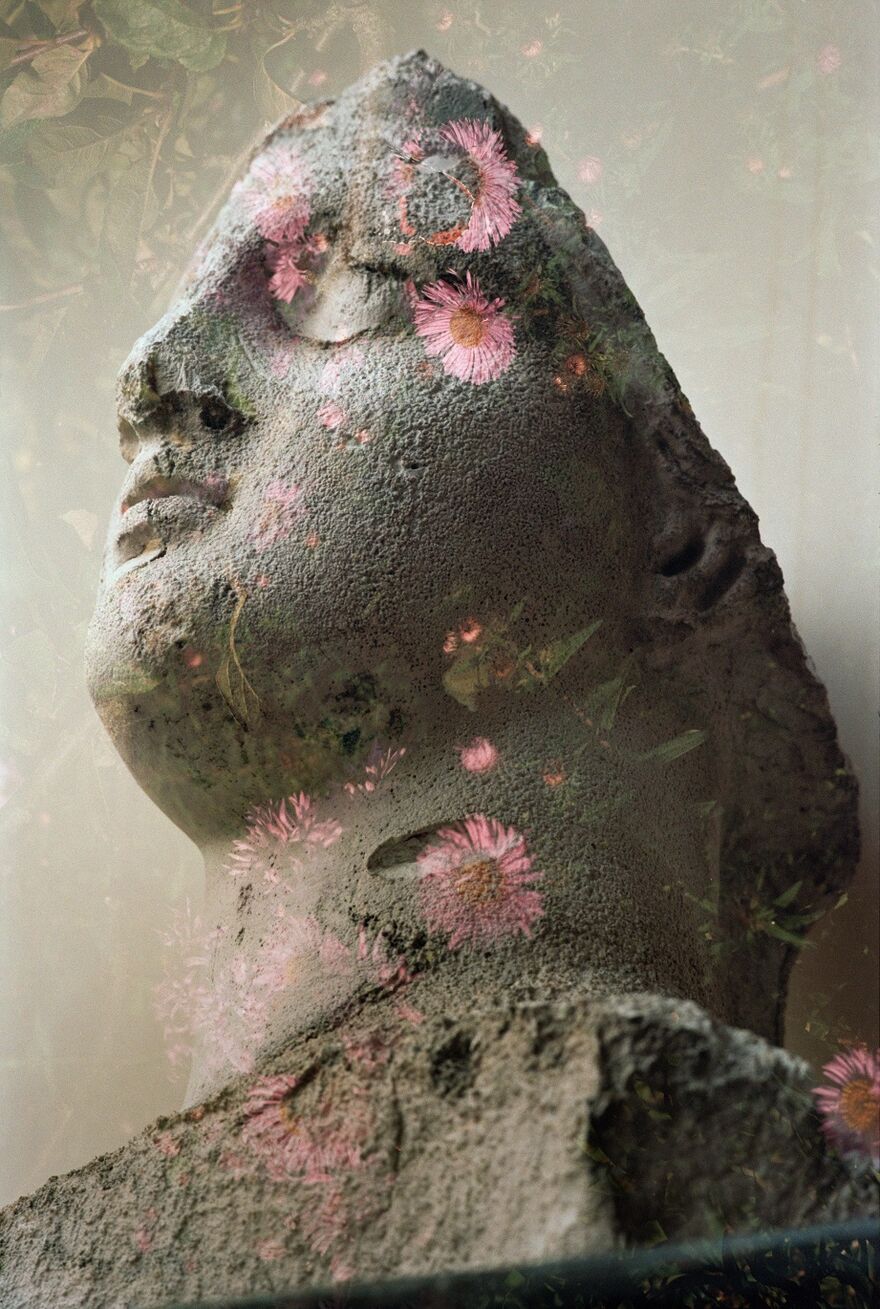 A stone bust of a female person with flowers overlayed